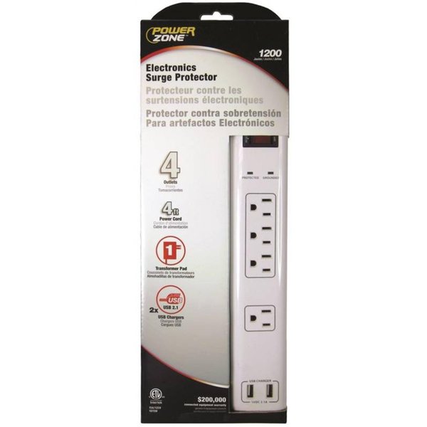 Powerzone Surge Prot 4 Outlet Wht 4Ft Cd OR505104